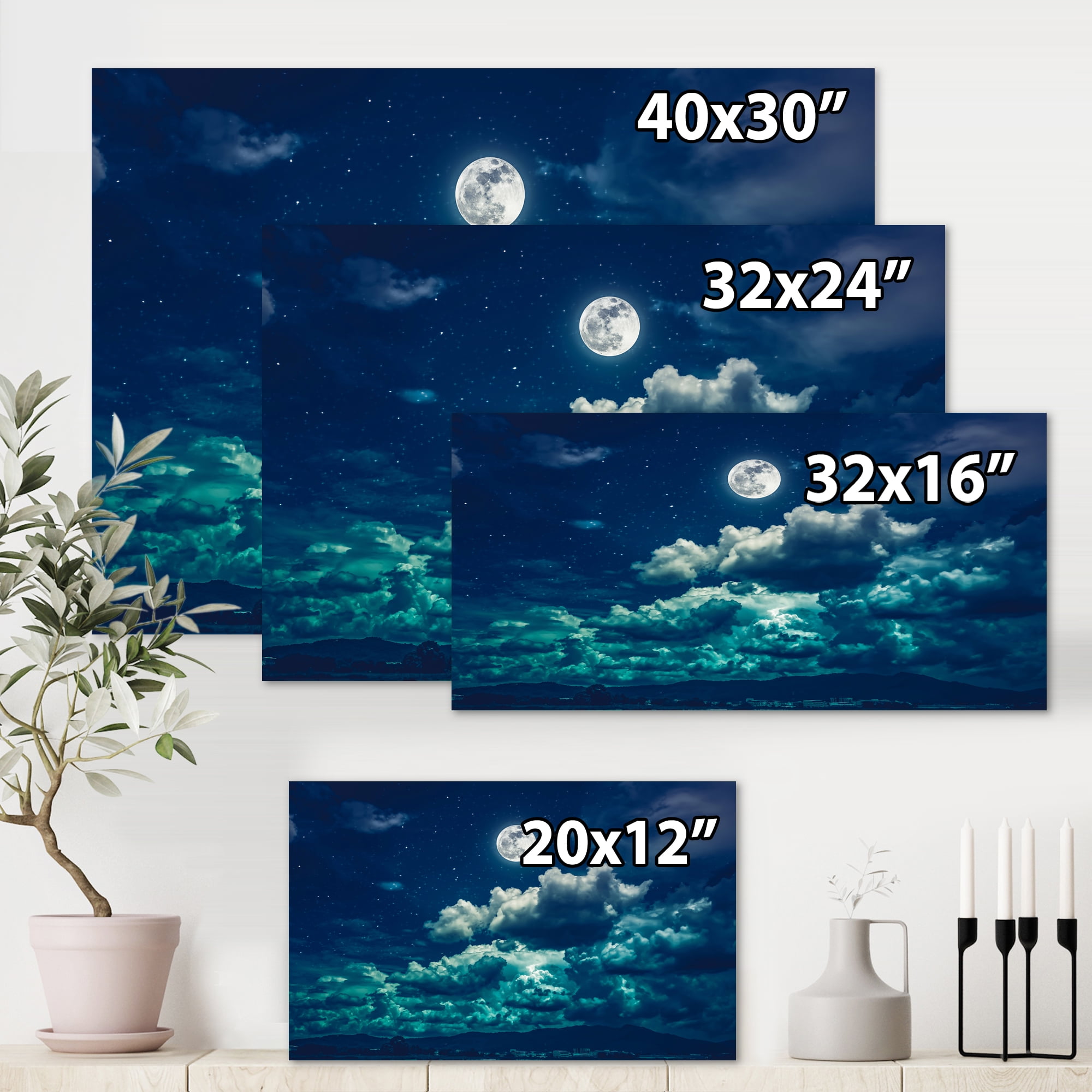 Designart ' Full Moon Night in Cloudy Sky II ' Nautical & Coastal Canvas Wall Art Print