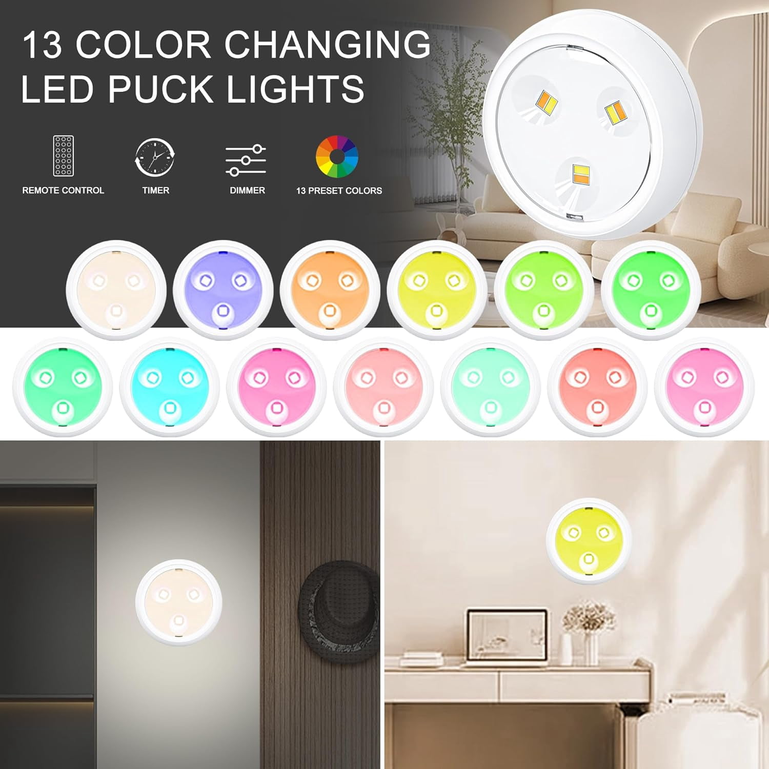 JJEAN-Puck Lights, 13 Colors Changeable LED Puck lightings Battery Powered Dimmable Under Cabinet Lights, Battery Powered Under Counter Lights with Wireless Remote Controls for Kitchen