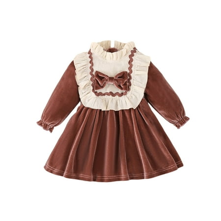 

Bslissey Toddler Baby Girls Christmas Velvet Dress Long Sleeve Ruffled Mock Neck Patchwork A-line Dress Infant Casual Cute Princess Dress Daily Clothes 6 Months-3 Years