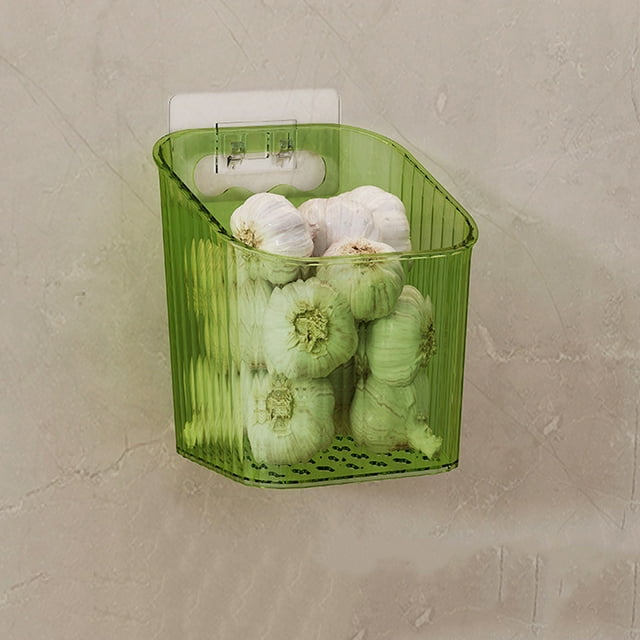 Caja de almacenamiento de cocina montada en la pared | Organizador de plástico transparente para verduras, ajo | Instalación de mesa o adhesivo | Ventilado, que ahorra espacio, Negro Blanco Verde