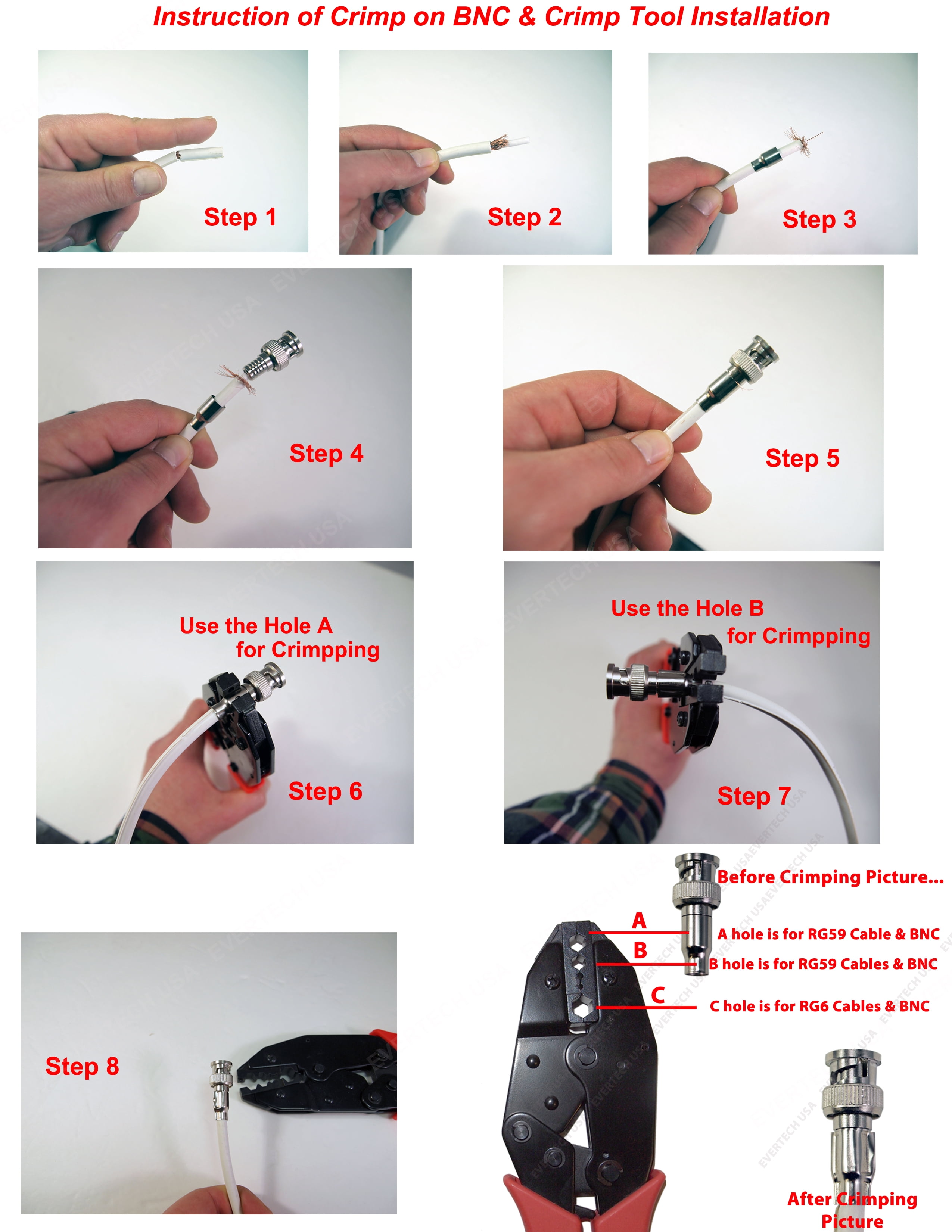 Evertech Professional Coaxial Crimping Tool with 60 Pcs BNC Crimp Connector for Siamese RG59