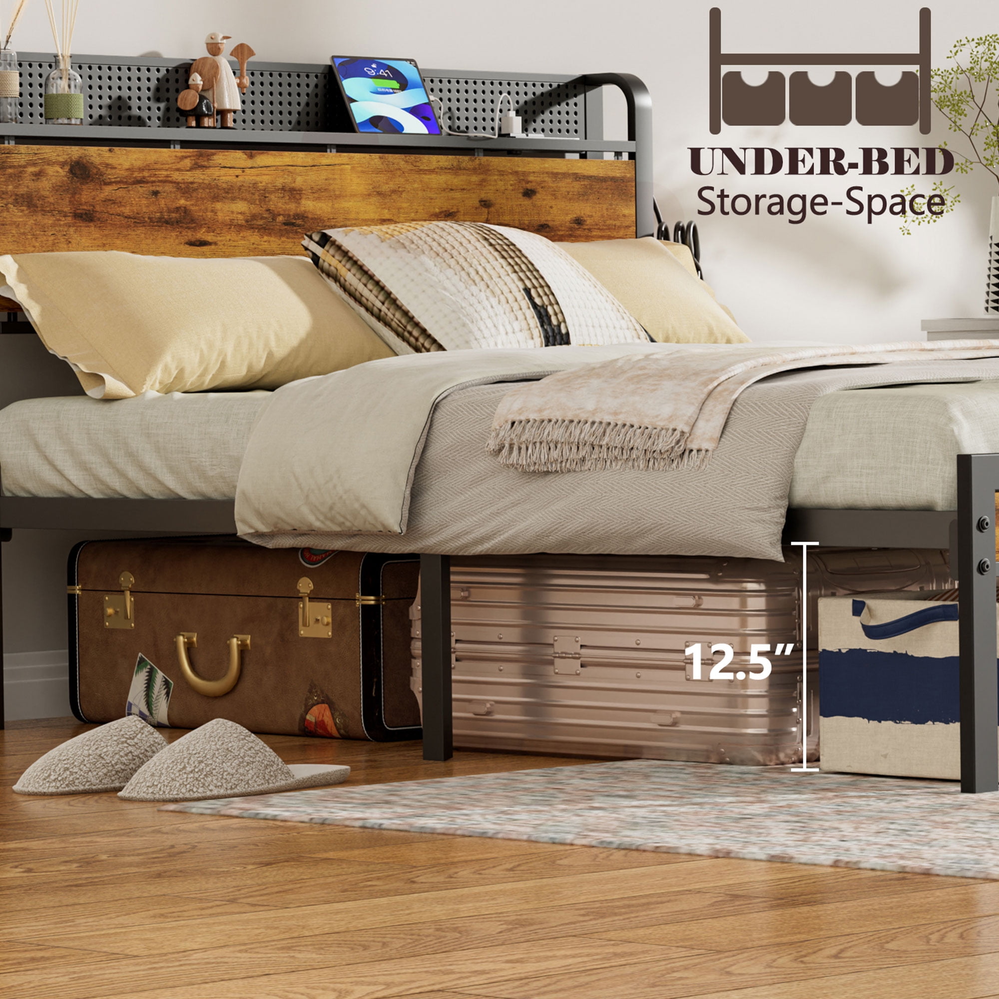 Furnulem Queen Bed Frame with LED Lights, Storage Headboard with Charging Station & USB Port, Metal Mesh Platform Bed Frame with 1000lbs Support, Noise Free