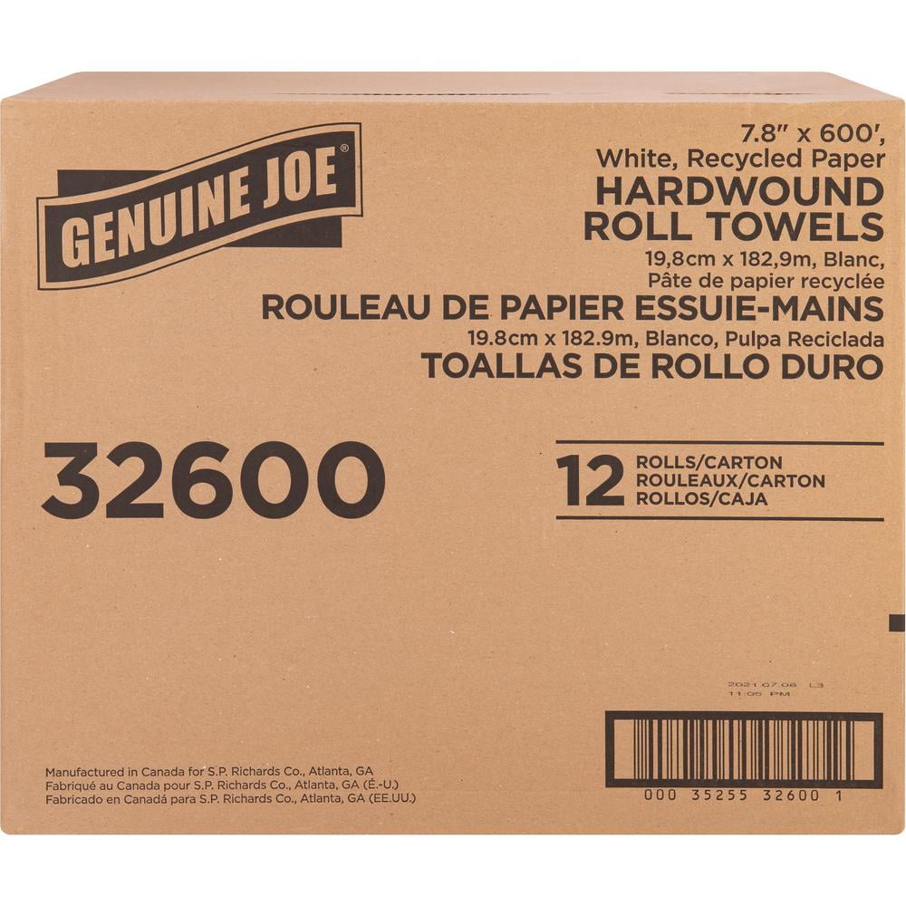 Genuine Joe Hardwound Roll Paper Towels - 7.80" x 600 ft - 2" Core - White - Paper - 12 / Carton