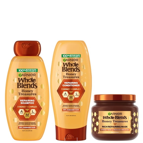 Garnier Hair Care Whole Blends Honey Treasures Repairing Shampoo, Conditioner, and Hair Mask, For Damaged Hair, 1 Kit