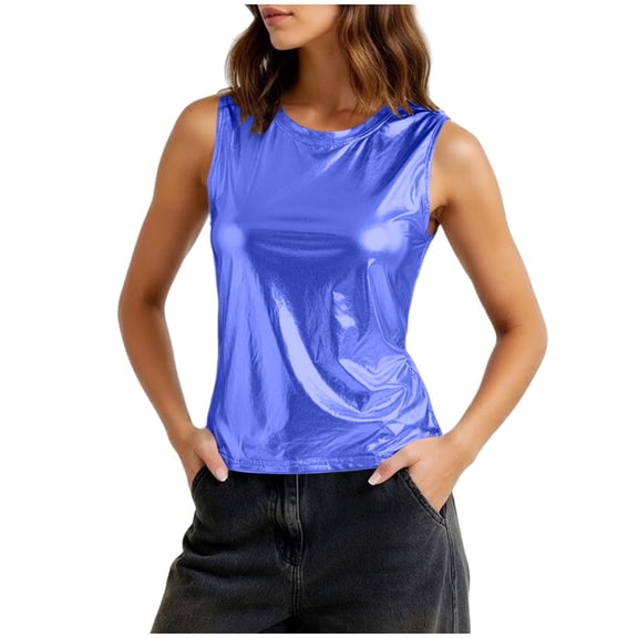 HappyYEE Summer Shiny Sleeveless Tops for Women Round Neck Sparkly Metallic Patent Tank Top for Party Night Club Blue XXL
