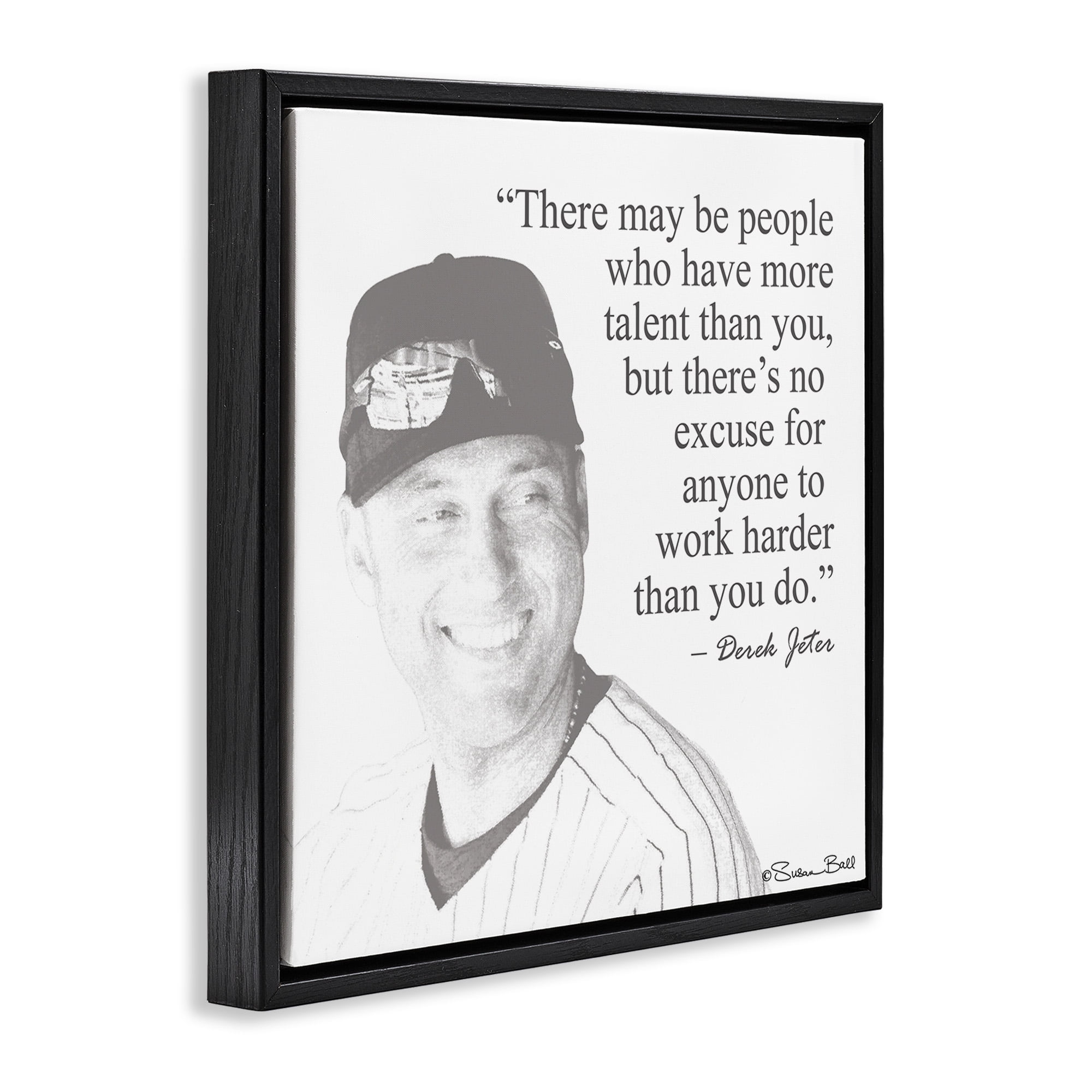 Stupell Industries Work Hard Derek Jeter Quote Inspirational Painting Black Floater Framed Canvas Art Print Wall Art, 18 x 18