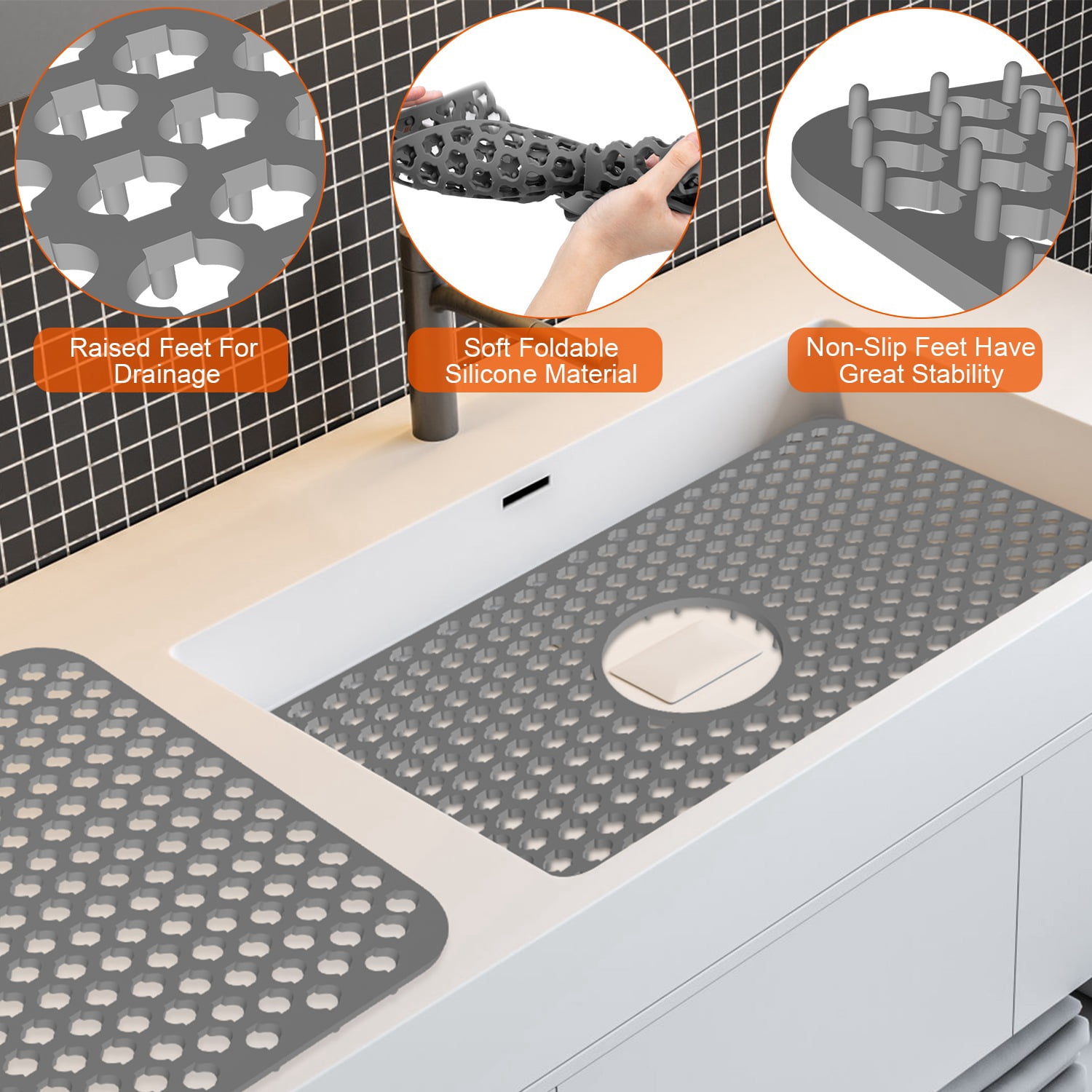Zorpupoa 2Pcs Kitchen Sink Protector, 11.61x13.58" Silicone Sink Mat with Central Drain Hole Non-Slip Dishwasher Safe, Grey