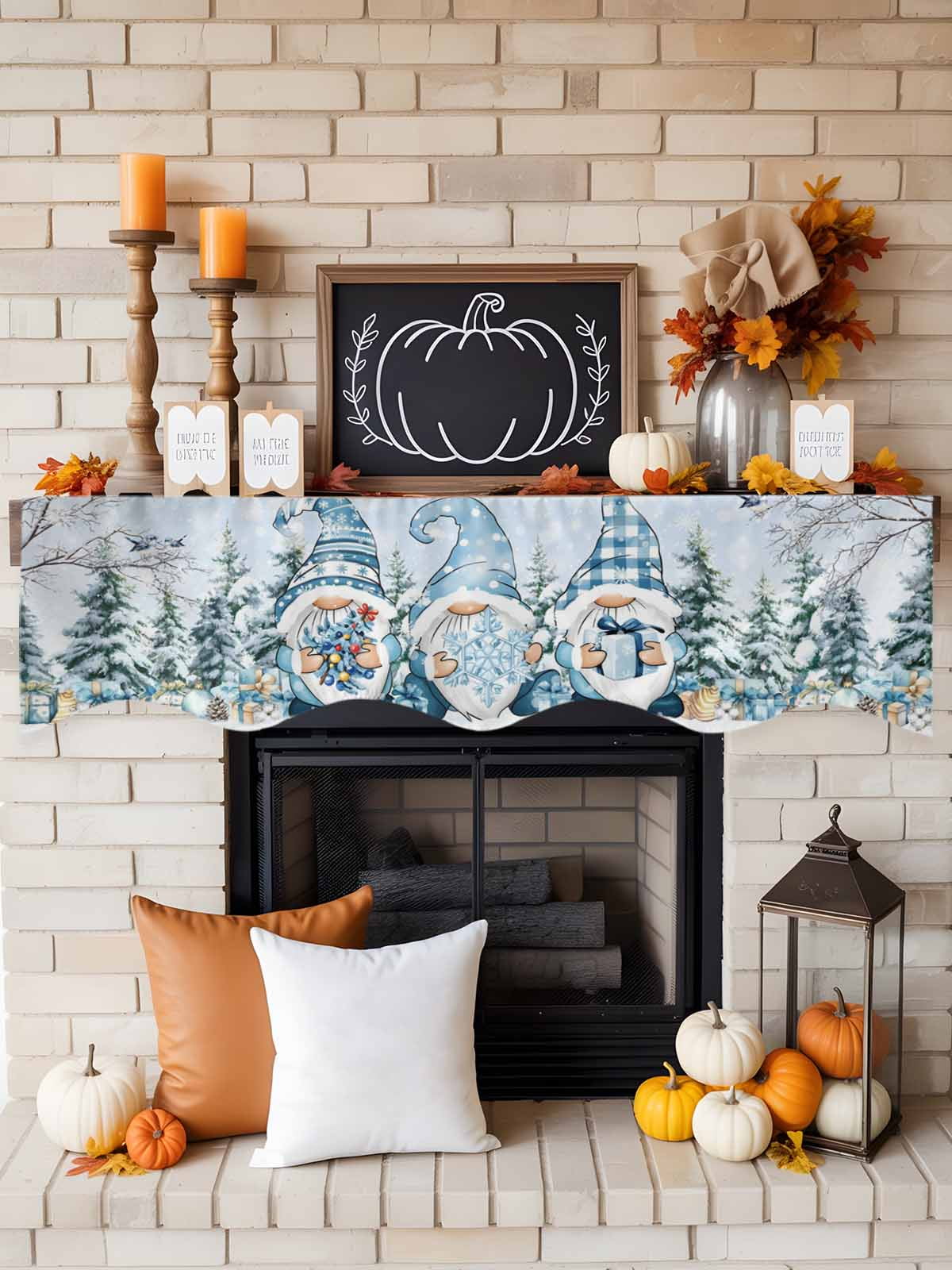 Christmas Blue Dwarf Fireplace Mantle Scarf Winter Snowing Pine Tree Branches Xmas Mantel Cover Runner Fireplace Cloth for Holiday Party Home Living Room Decor 70 x 17 Inch