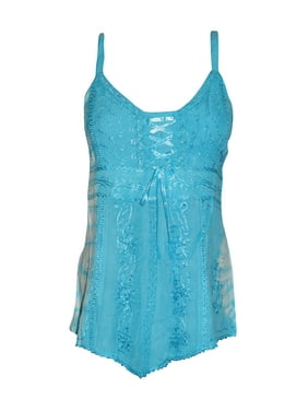 Mogul Women's Strappy Tank Top Blue Embroidered Stylish Blouse Tops