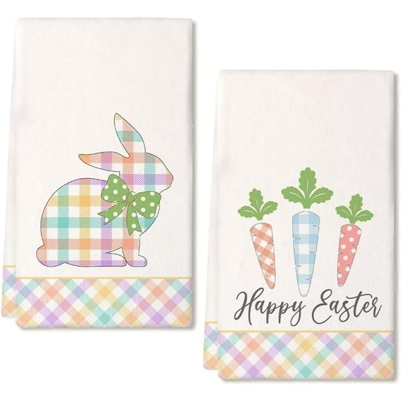 pogooe Easter Kitchen Towels Set of 2,Colorful Bunny Carrots Dish Towels 18x26 Inch Drying Dishcloth,Farmhouse Home Seasonal Spring Decorations AD224