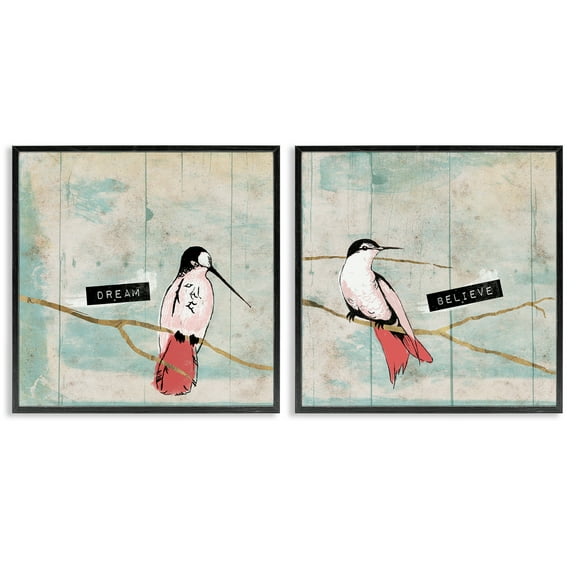 Stupell Industries Dream Believe Hummingbird Branch Animals Painting Black Framed Art Print Wall Art, 12 x 12, Set of 2