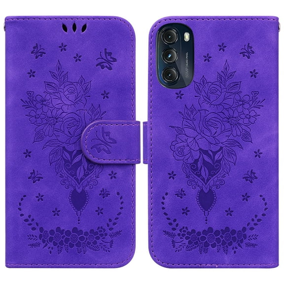Feishell Wallet Phone Case for Motorola Moto G 5G (2022),for Women Men,Butterfly & Rose Embossed PU Leather Magnetic Clasp Flip Stand Card Slots Shockproof Ultra Thin Protective Cover,Purple