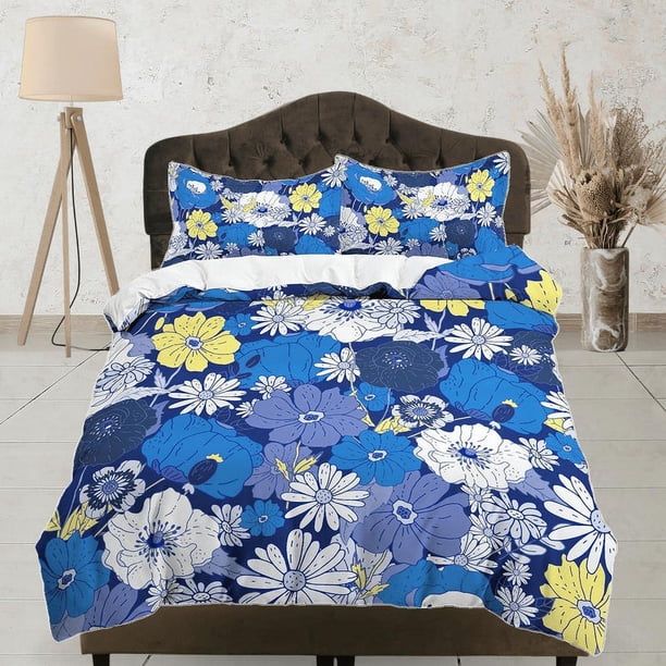 Ropa de cama floral margaritas azules, funda nórdica de lujo queen, king, edredón boho,