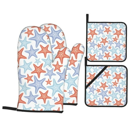 

Oven Mitts and Pot Holders 4 pcs Set Colorful Star Fish Heat Resistant Pot Holders Oven Mitts for kitchen Non-Slip Hanging Loop Oven Glove Potholders for Baking Cooking