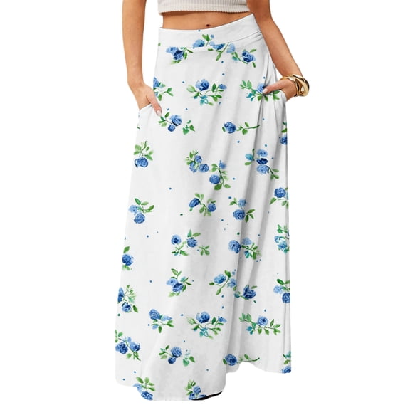 LWavelet Hibiscus Print Maxi Skirt with Side Pockets Women Tropical Style Daily Casual Flowy Bottoms White XL