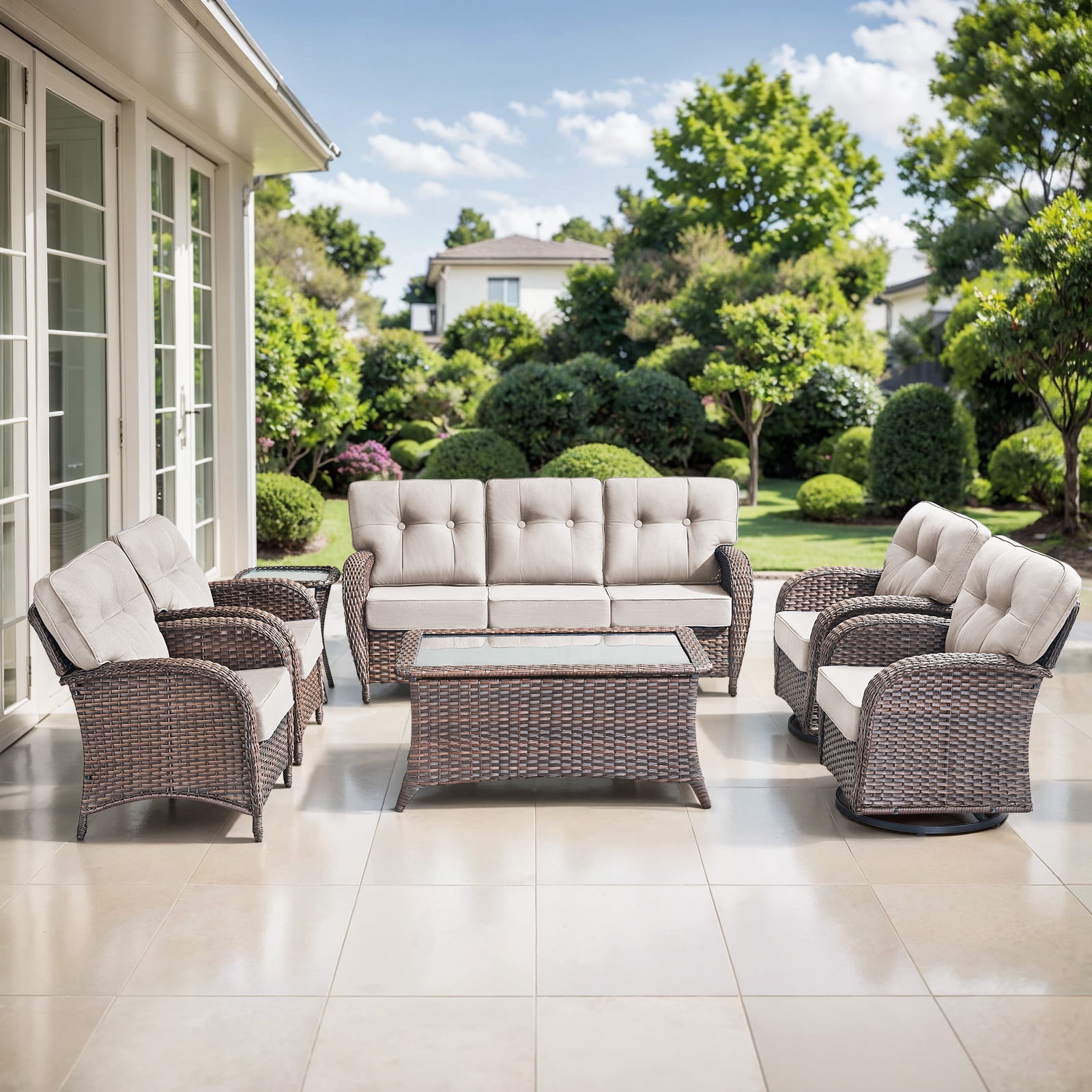 POCASSY Brown Wicker 7 Piece Patio Furniture Set with 5" Thick Cushions, Outdoor Patio Furniture Set with Swivel Gliding Rocker Chairs and Club Chairs