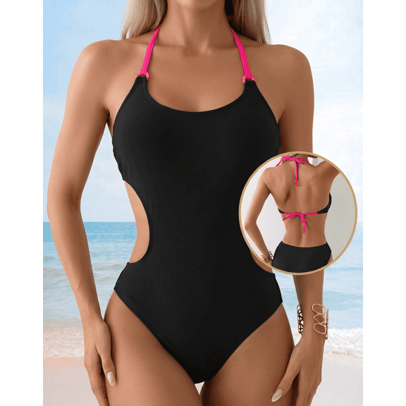 Kaperf Women’s Cutout One Piece Swimsuit, Halter Tie Monokini Bathing Suit with Contrast Straps and Open Back Design