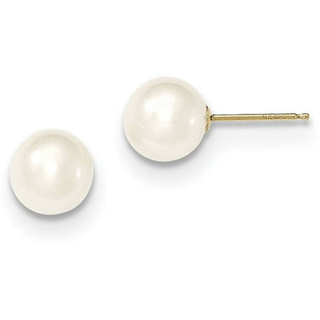 Cultured Pearl Pearl Brooch - 7-8mm White Round Freshwater Cultured Pearl 14kt Yellow Gold Stud Earrings