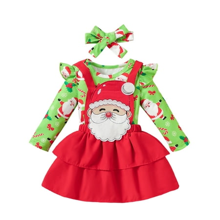 

Suealasg Baby Girls 2Pcs Christmas Clothes 3 6 9 12 18 Months Infant Girls Fall Clothes Santa Claus Print Long Sleeve Romper + Suspender Skirt +Headband Set 0-18M