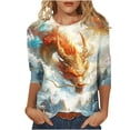 thumbnail image 2 of Nrmvnmi 2024 Summer Women's 3/4 Sleeve Round Neck Dragon PrintsT-Shirt Slim Tops Casual Work Cute Light Color Losses Mothers Day Gifts, 2 of 5