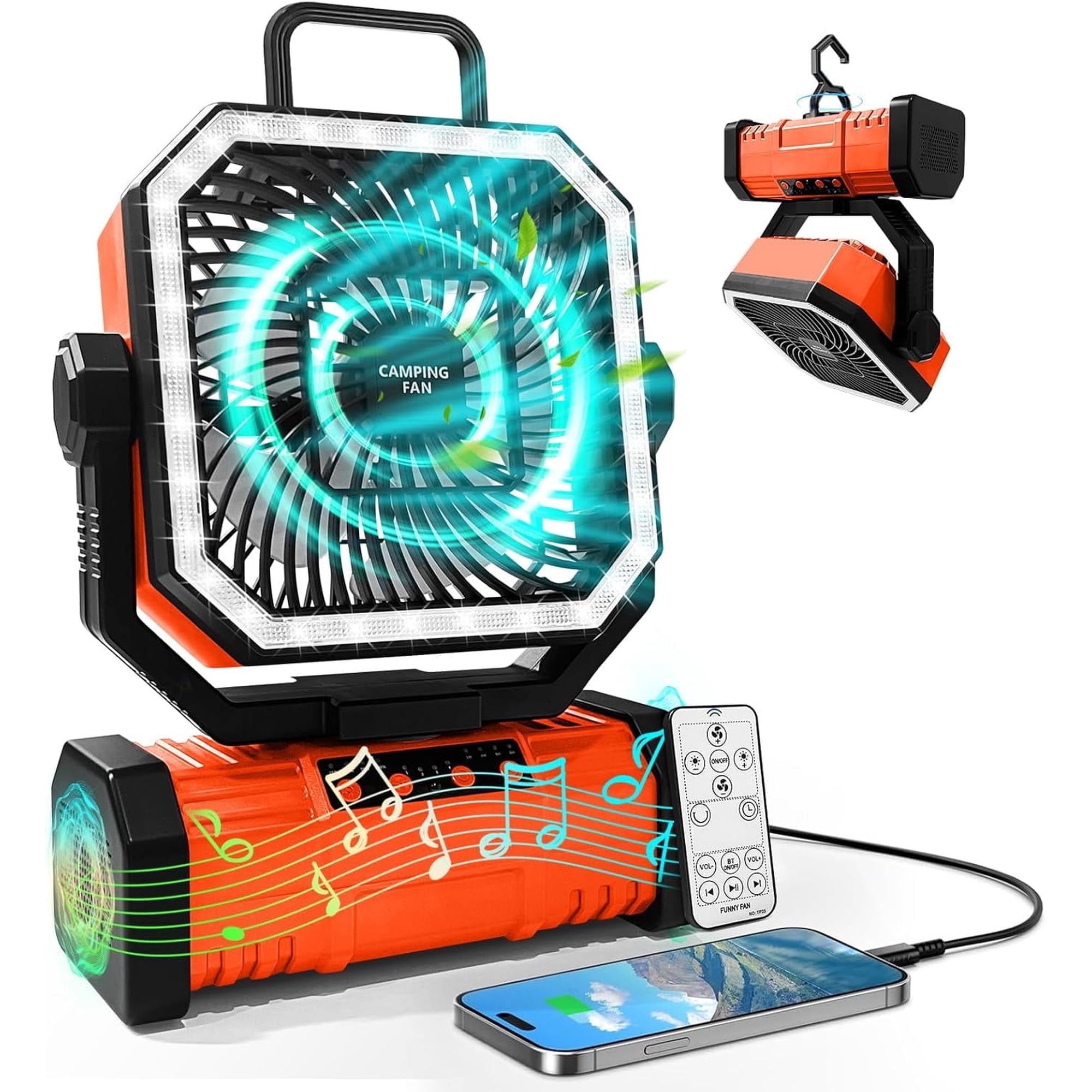 SuperRGB Portable Camping Fan, 20000mAh Rechargeable Battery Operated Fan with Bluetooth Speaker, LED Light & Remote, 4 Speeds, Timer & Hook for Tent, Outdoor, Travel, Orange