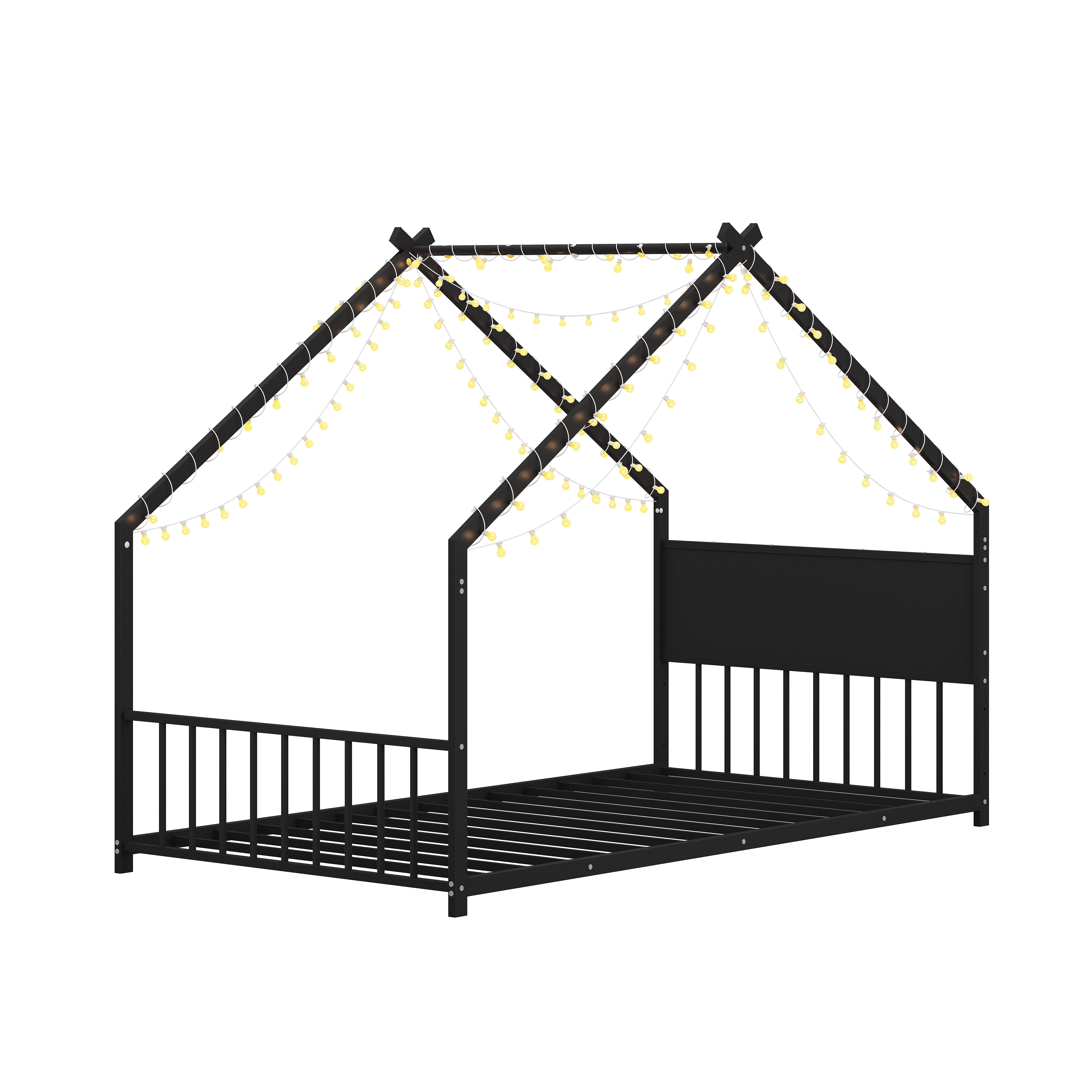 House Bed, Twin Size Bed Frame, Metal Bed with Roof and Colorful Lights, Slats Support No Box Spring Needed, Black Youth Bed