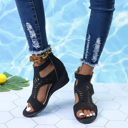 

absuyy Women s Heeled Sandals- Buckle Casual Wedge Heel New Style Summer Sandals #5 Black-6