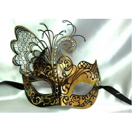 Kbw Women's Venetian Mask Metal Side Butterfly Masquerade Mask, Black & Gold