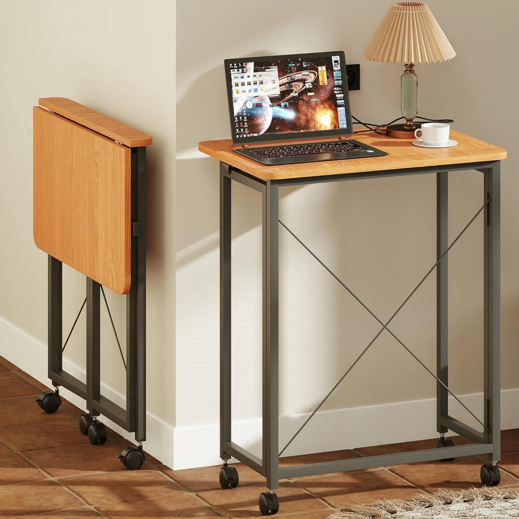 VGBYUJ 23.6" Folding Desk with Wheels, Mobile Small Rolling Computer Desk, Portable Office Desk for Small Space Couch Bed, Easy Assembly, Teak Color