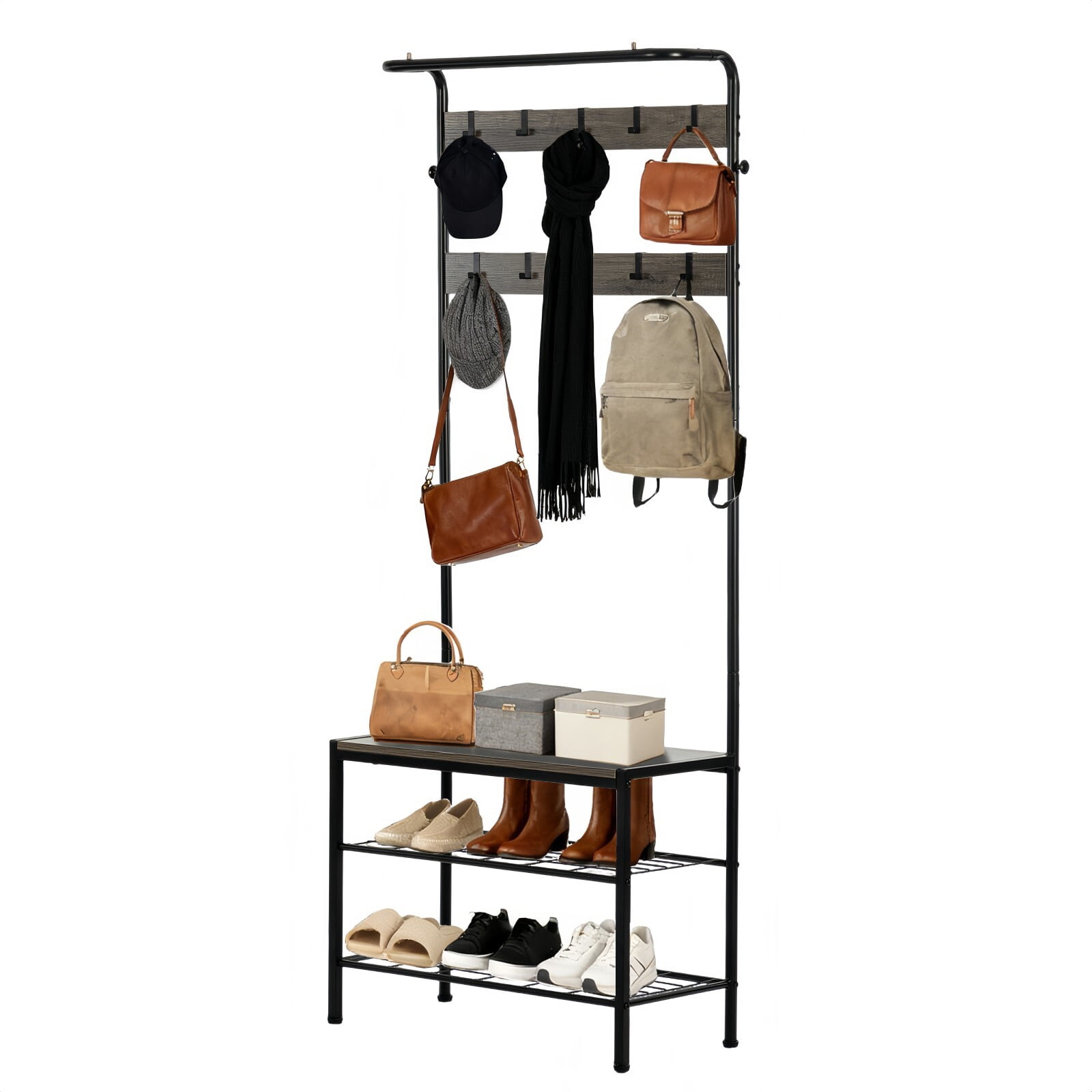 Kelno 72"x28" Hall Tree with Shoe Bench Industrial Entryway Coat Rack with Hanging Rod 10 Removable Hooks 2-Tier Shoe Storage, Gray