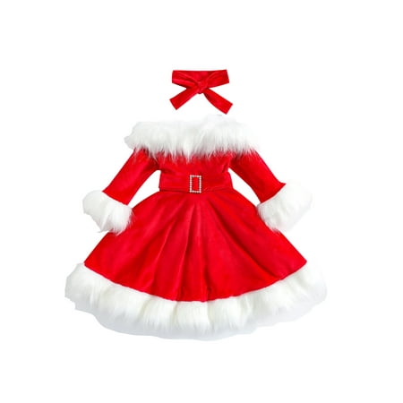 

AMILIEe Toddler Baby Girls Christmas Clothes Set Long Sleeve Off Shoulder A-Line Dress with Belt and Bow Headband