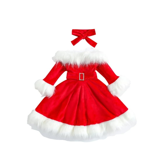 Bagilaanoe 2Pcs Little Girl Christmas Costume Faux Fur Patchwork Long Sleeve Off Shoulder A-Line Dress with Belt Headband 1T 2T 3T 4T 5T 6T 7T Kids Party Dress UP
