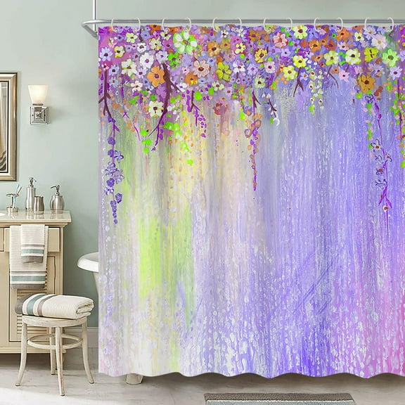 Purple Flowers Shower Curtain, Spring Abstract Romantic Floral Leaf Vines Botanical Ink Shower Curtain Set, Natural Watercolor Floral Shower Curtain for Bathroom Decor with 12 Hooks 72x72 inch