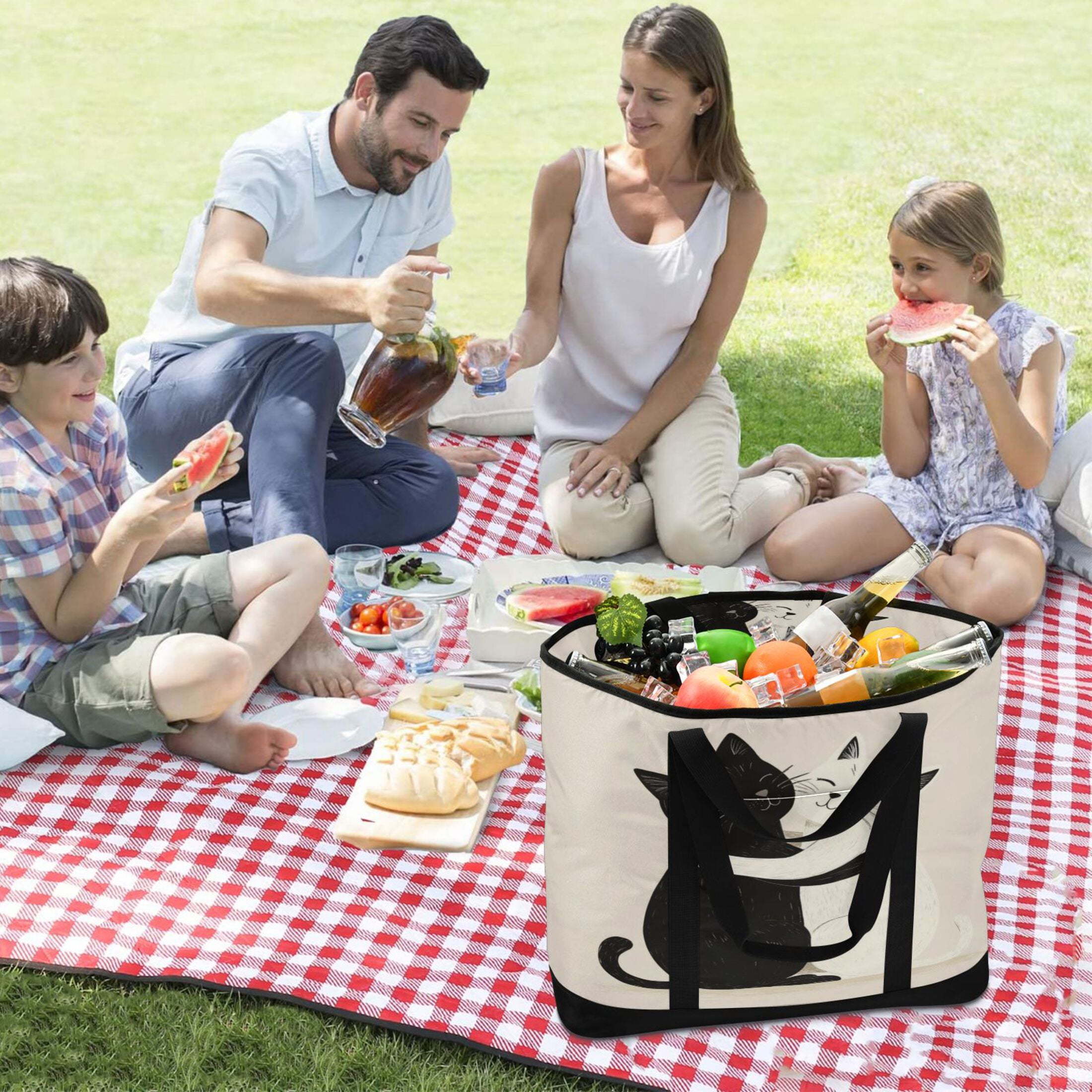 Large Hand-held Ice Pack Picnic Bag Insulation and Refrigeration Suitable for Shopping Picnics and Camping Black Cat and White Cat