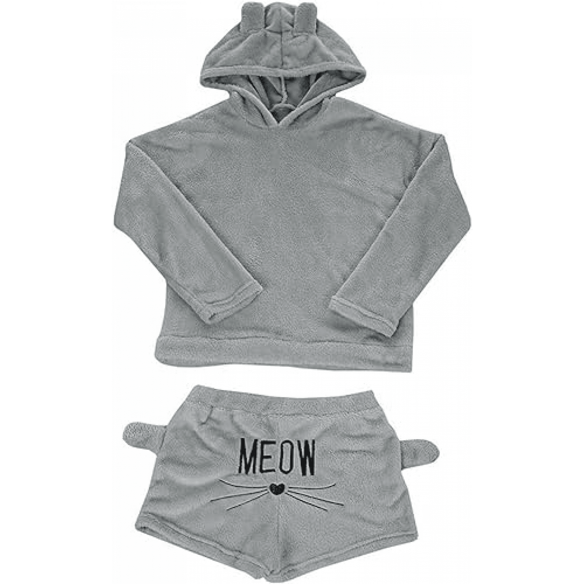 Womens Cute Fleece Pajamas Suit Hooded Sleepwear Meow Shorts Set GREY S Walmart