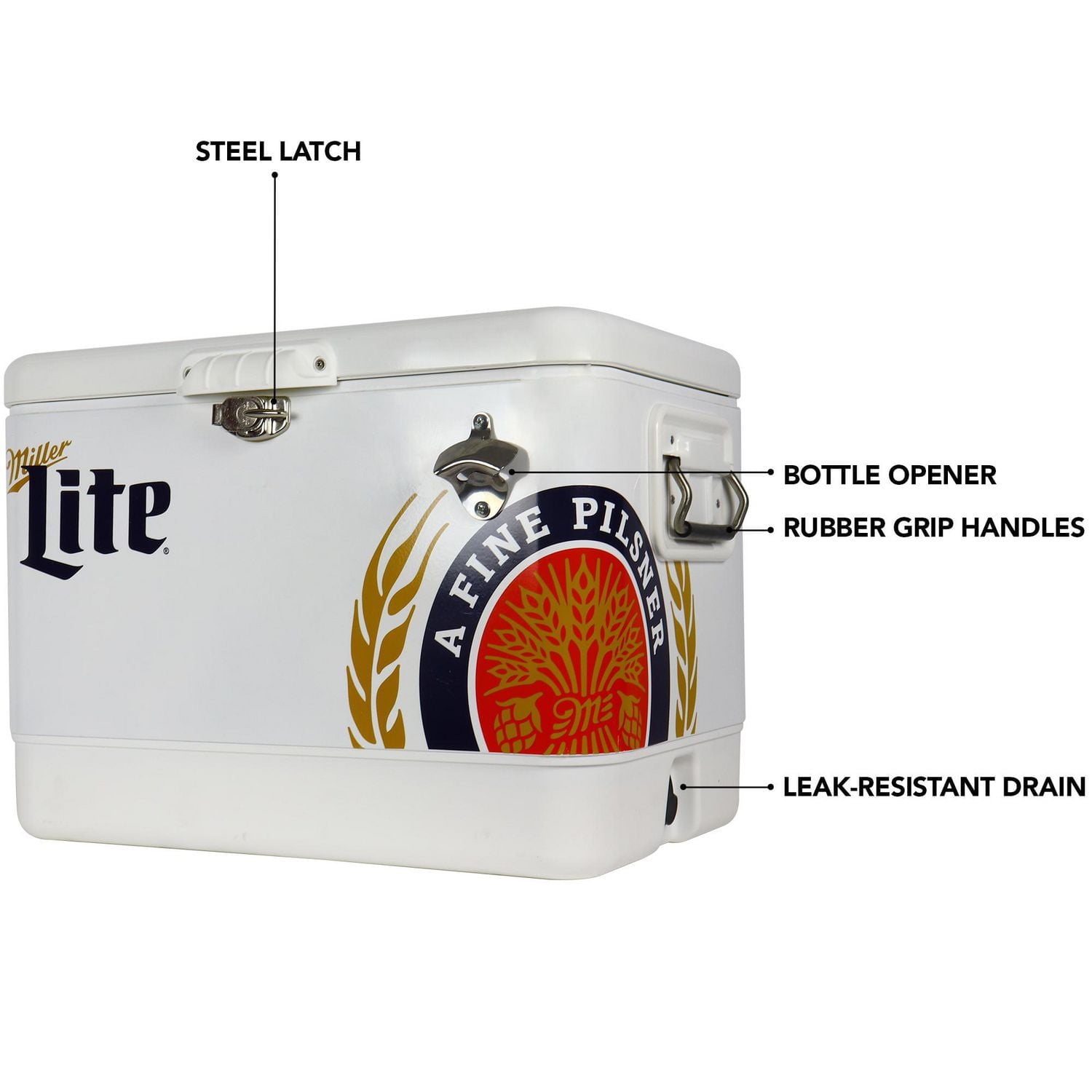 Miller Lite 54-Qt Ice Chest Cooler with Built-In Bottle Opener, Rustproof Portable Camping Cooler for Beach & Outdoor Adventures