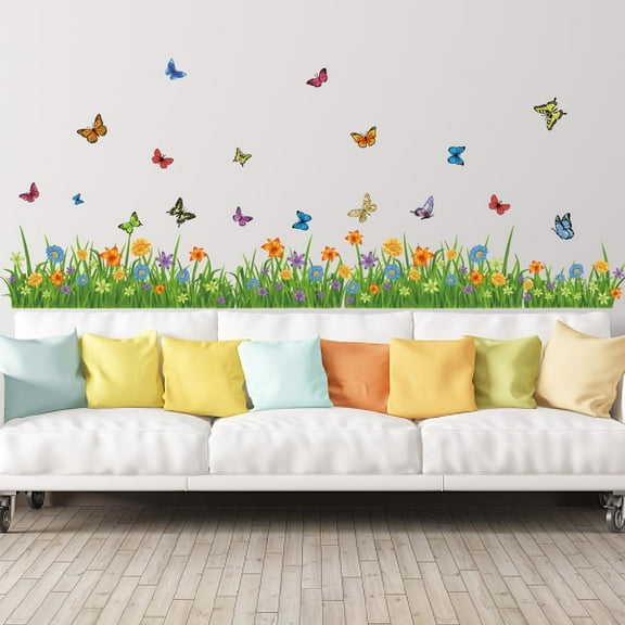 Flower Bush Wall Butterfly Decals Living Room Bedroom Baseboard Skirting Line Wall Stickers Art Large Size Abstraction Stickers and Murals DIY Art PVC Wall Decal