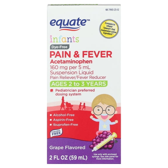 Equate Infants' Pain Reliever/Fever Reducer Acetaminophen Suspension Liquid, Grape Flavor, 160 mg, 2 fl oz