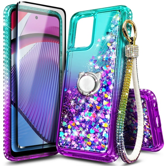 Compatible with Motorola Moto G Power 5G (2023) Case with Tempered Glass Screen Protector, Ring Holder/Wrist Strap, Nagebee Glitter Liquid Floating Waterfall Cute Phone Cover (Aqua/Purple)