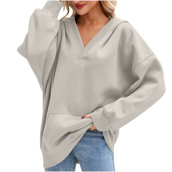 Oversized Hoodies Sweatshirts for Women Pullover Loose V Neck Long Sleeve Warm Fleece Casual Tunic Tops Outerwear