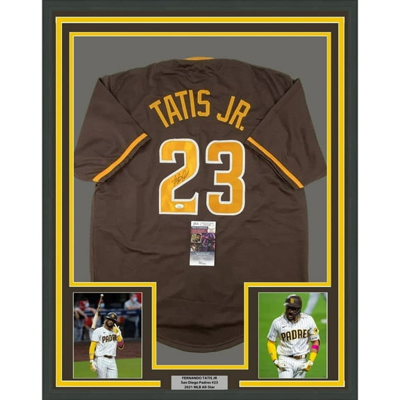 Framed Autographed/Signed Fernando Tatis Jr. 35x39 San Diego Brown Baseball Jersey JSA COA