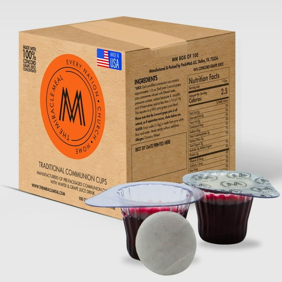 The Miracle Meal Pre-filled Communion Cups and Wafer Set - Box of 100 - Made with Concord Grape Juice & Wafer-Made in the USA