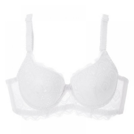 

Women Adjustable Lace Gathered Bra Lace Embroidered Bow Solid Color 3/4 Cup Bra White 36B