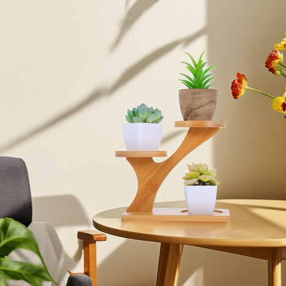Beaupretty 2Pcs Bamboo Desk Plant Stand Multi Tiered Shelf for Window Sill Plant Display Light Brown