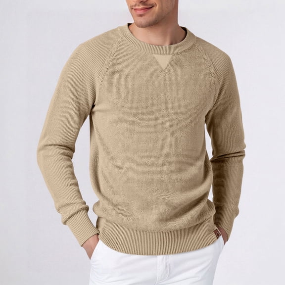 Mens Crewneck Sweater Waffle Knitted Pullover Sweaters (Beige M)