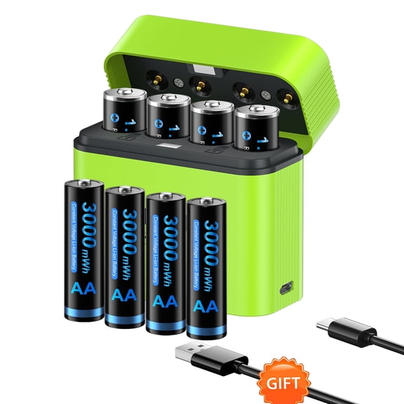 Rechargeable AA Batteries Lithium with Charger,8 Pack 1.5V 3000mWh Double A Rechargeable Battery,Long Lasting Pilas Recargables AA Battery with 4 Bay Charging Storage Box for 1.5V Li-on AA Battery
