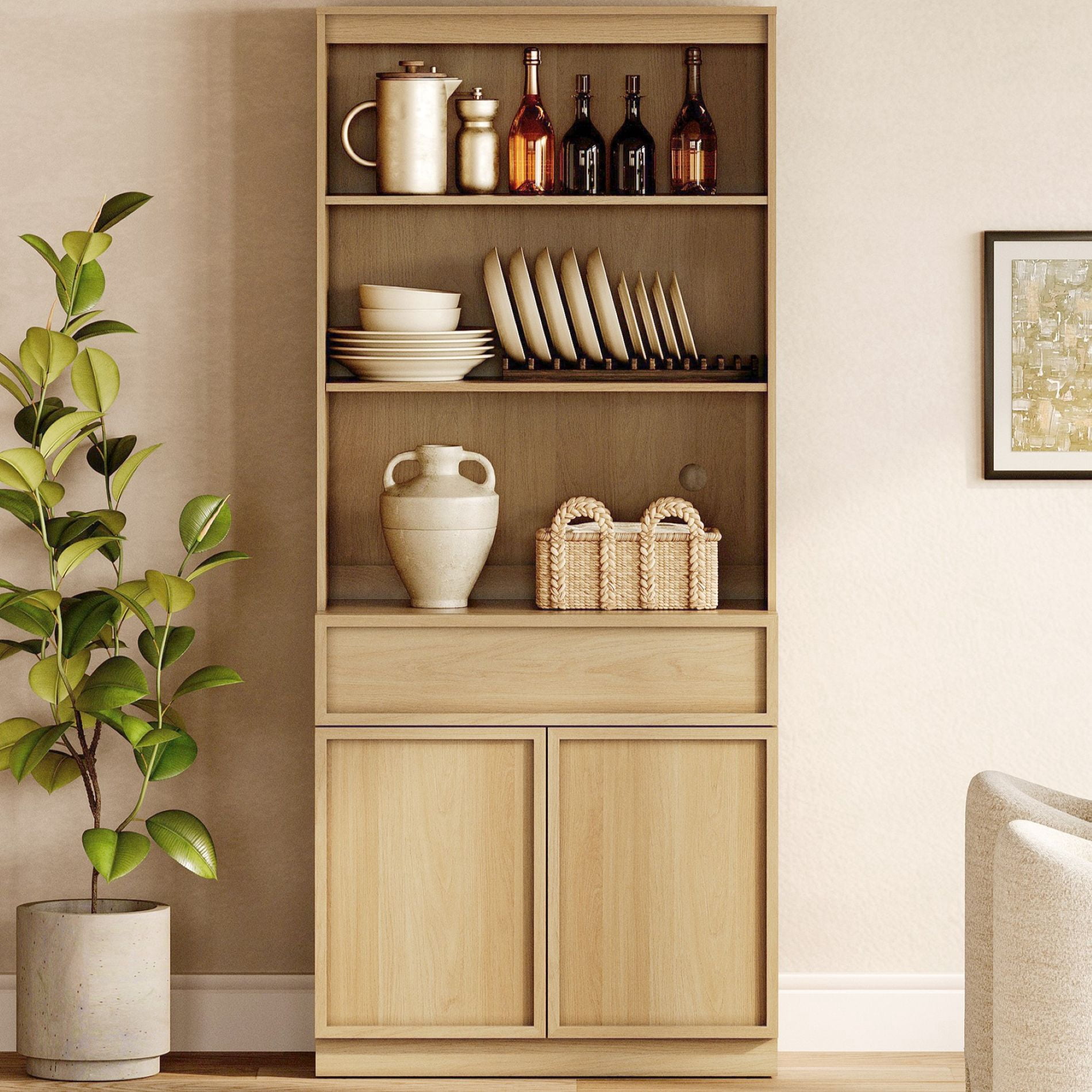 Modern Wood Sideboard Buffet with Doors, Drawers & Adjustable Shelves, 72" Tall Storage Cabinet for Dining Kitchen,Oak
