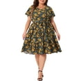 thumbnail image 2 of Agnes Orinda Women's Plus Size V Neck Short Sleeve Elastic Waist Ruffle Spring Summer Floral Midi Dress 4X Black, 2 of 6