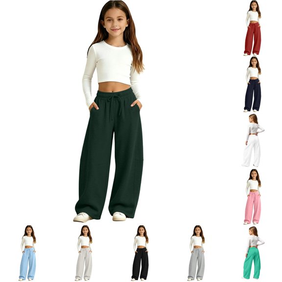 OSOLU Girls Pants Solid Color Wide Leg Design Drawstring Elastic Waist with Side Pockets Dark Green