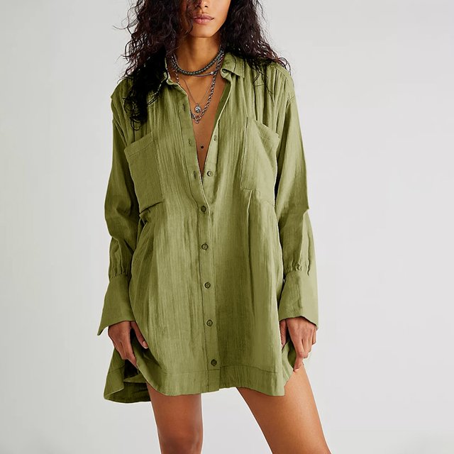 Casual 100% Cotton Women's Dress Loose Solid Long Sleeve Button Up Shirt Dress Streetwear Elegant Female Sundress Vestidos Robe zhangmengya LED